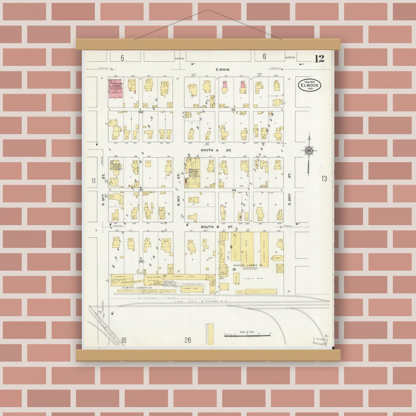Old map wall art mockup — magnetic wood frame on brick wall — Sanborn Fire Insurance Map from Elwood, Madison County, Indiana (1910), Sheet #0012