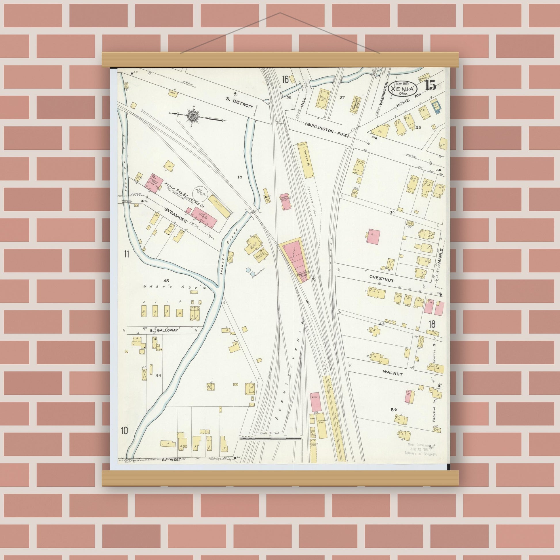 Old map wall art mockup — magnetic wood frame on brick wall — Sanborn Fire Insurance Map from Xenia, Greene County, Ohio (1910), Sheet #0015