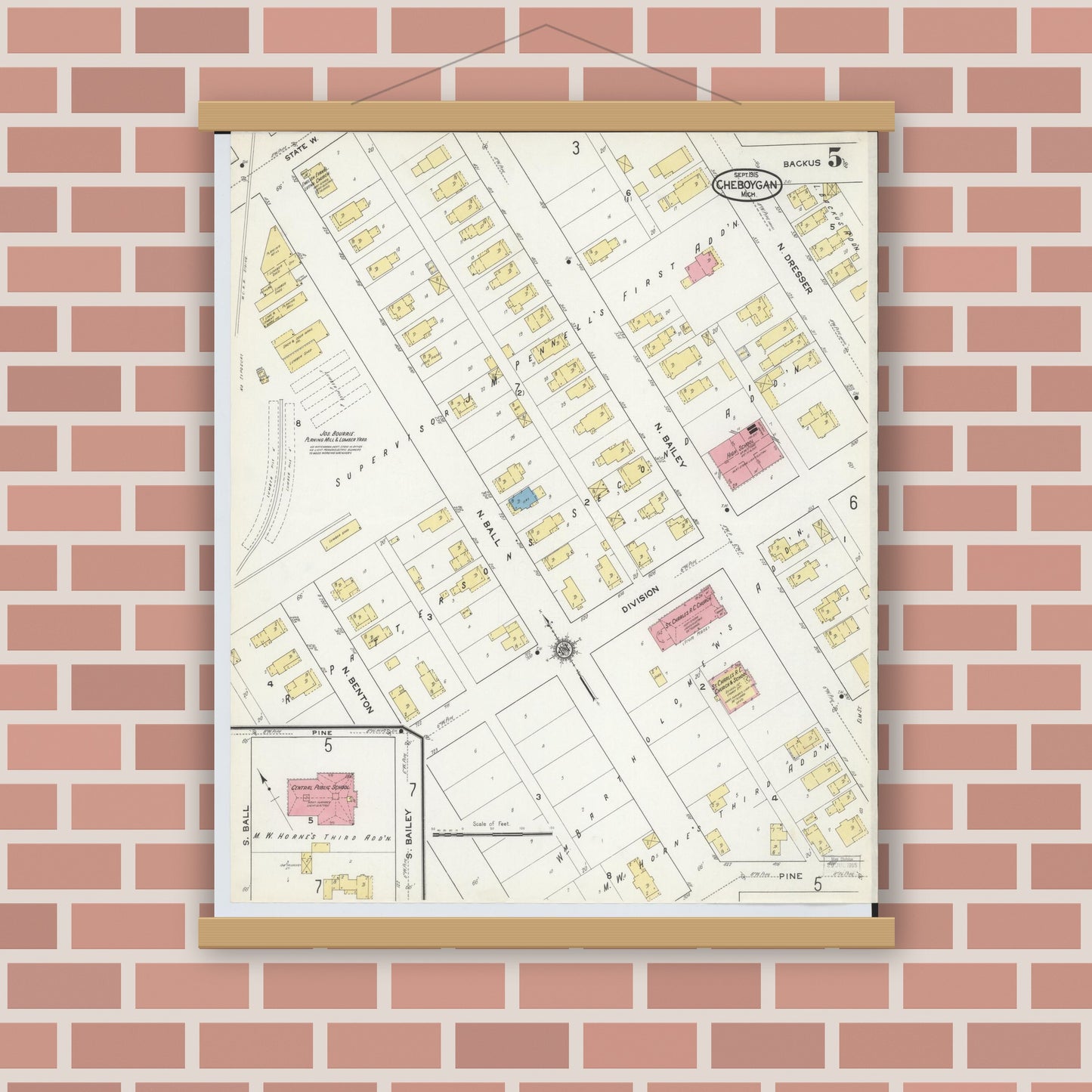 Old map wall art mockup — magnetic wood frame on brick wall — Sanborn Fire Insurance Map from Cheboygan, Cheboygan County, Michigan (1915), Sheet #0005