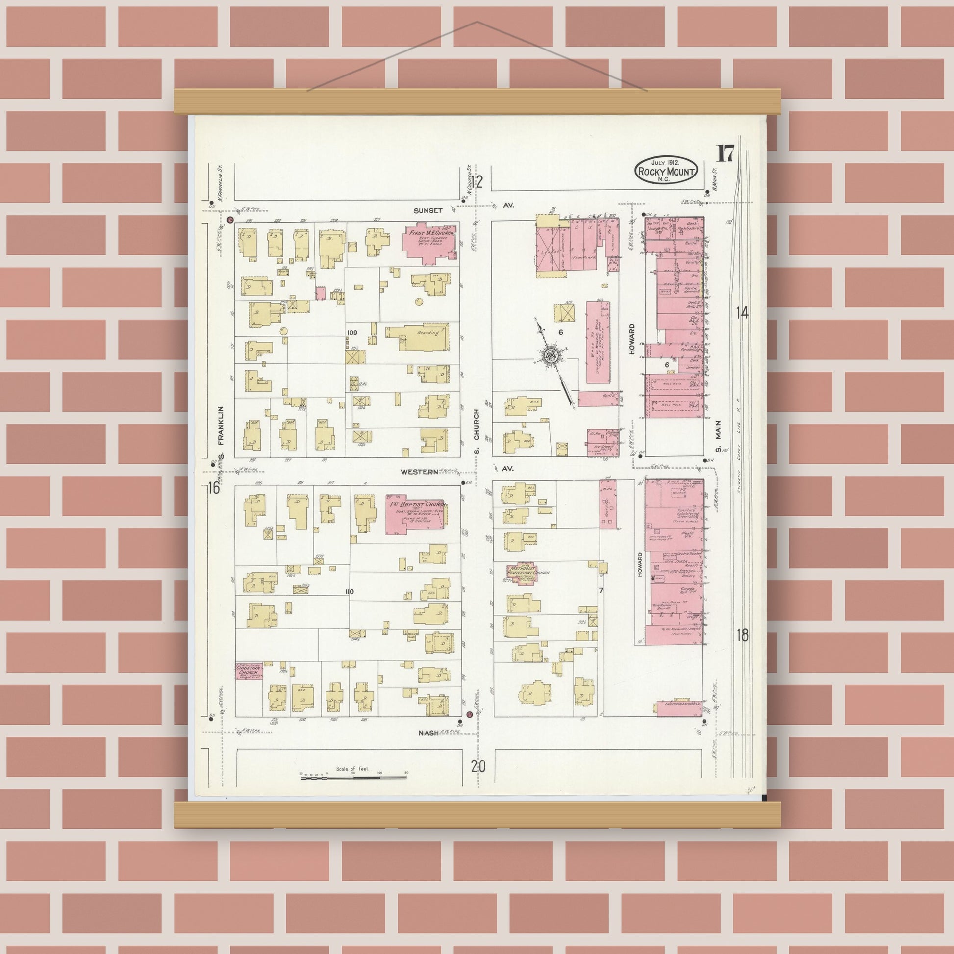 Old map wall art mockup — magnetic wood frame on brick wall — Sanborn Fire Insurance Map from Rocky Mount, Edgecombe And Nash Counties, North Carolina (1912), Sheet #0017