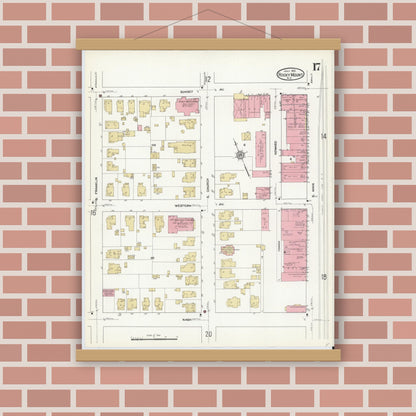 Old map wall art mockup — magnetic wood frame on brick wall — Sanborn Fire Insurance Map from Rocky Mount, Edgecombe And Nash Counties, North Carolina (1912), Sheet #0017