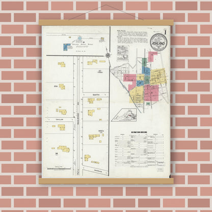 Old map wall art mockup — magnetic wood frame on brick wall — Sanborn Fire Insurance Map from Ashland, Hanover County, Virginia (1921), Sheet #0001