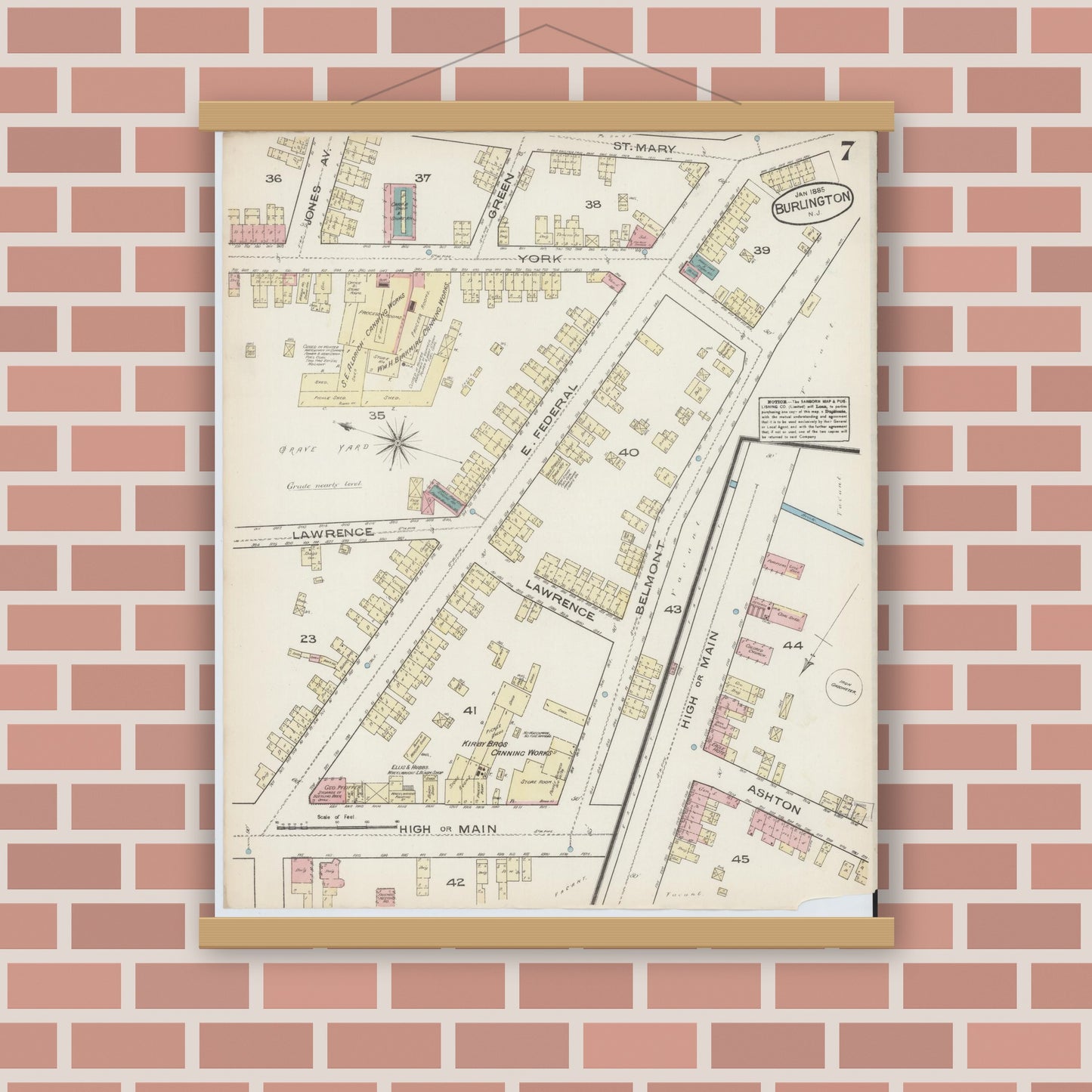 Old map wall art mockup — magnetic wood frame on brick wall — Sanborn Fire Insurance Map from Burlington, Burlington County, New Jersey (1885), Sheet #0007