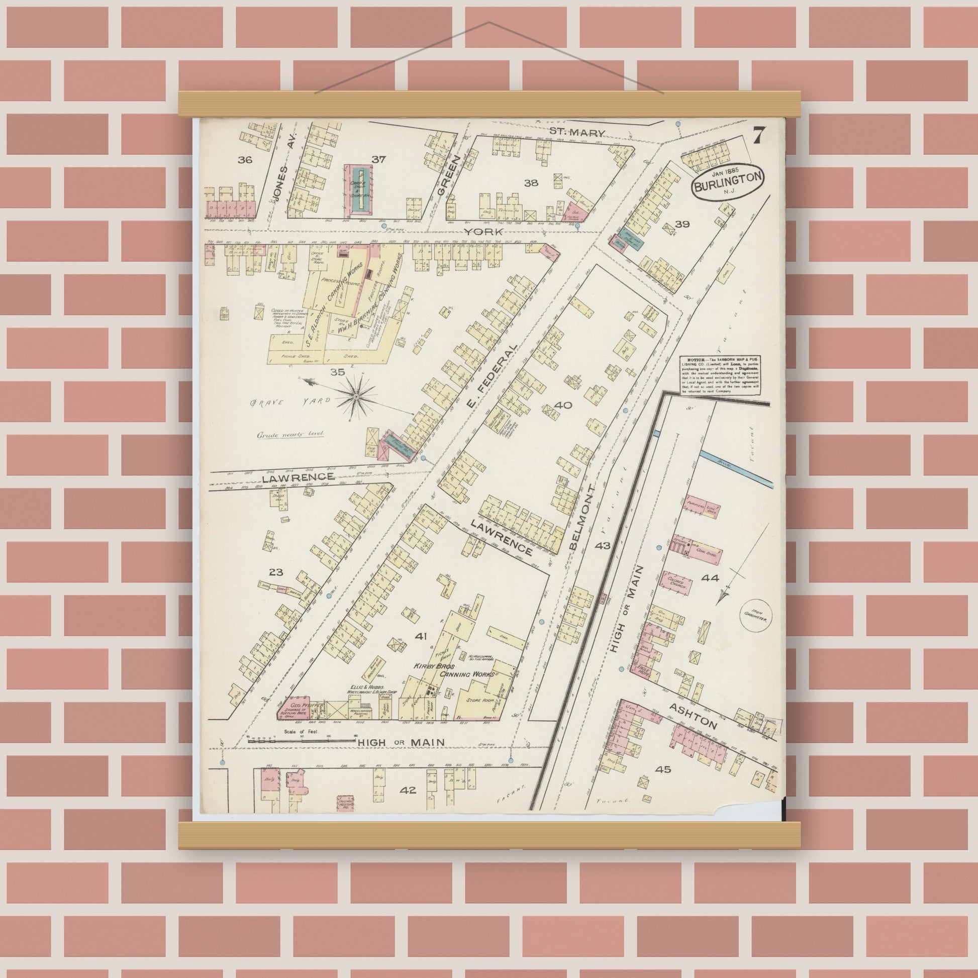 Old map wall art mockup — magnetic wood frame on brick wall — Sanborn Fire Insurance Map from Burlington, Burlington County, New Jersey (1885), Sheet #0007