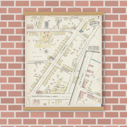 Old map wall art mockup — magnetic wood frame on brick wall — Sanborn Fire Insurance Map from Burlington, Burlington County, New Jersey (1885), Sheet #0007