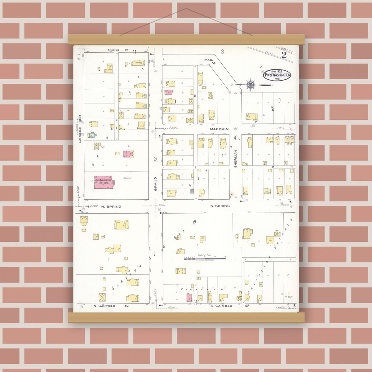 Old map wall art mockup — magnetic wood frame on brick wall — Sanborn Fire Insurance Map from Port Washington, Ozaukee County, Wisconsin (1922), Sheet #0002