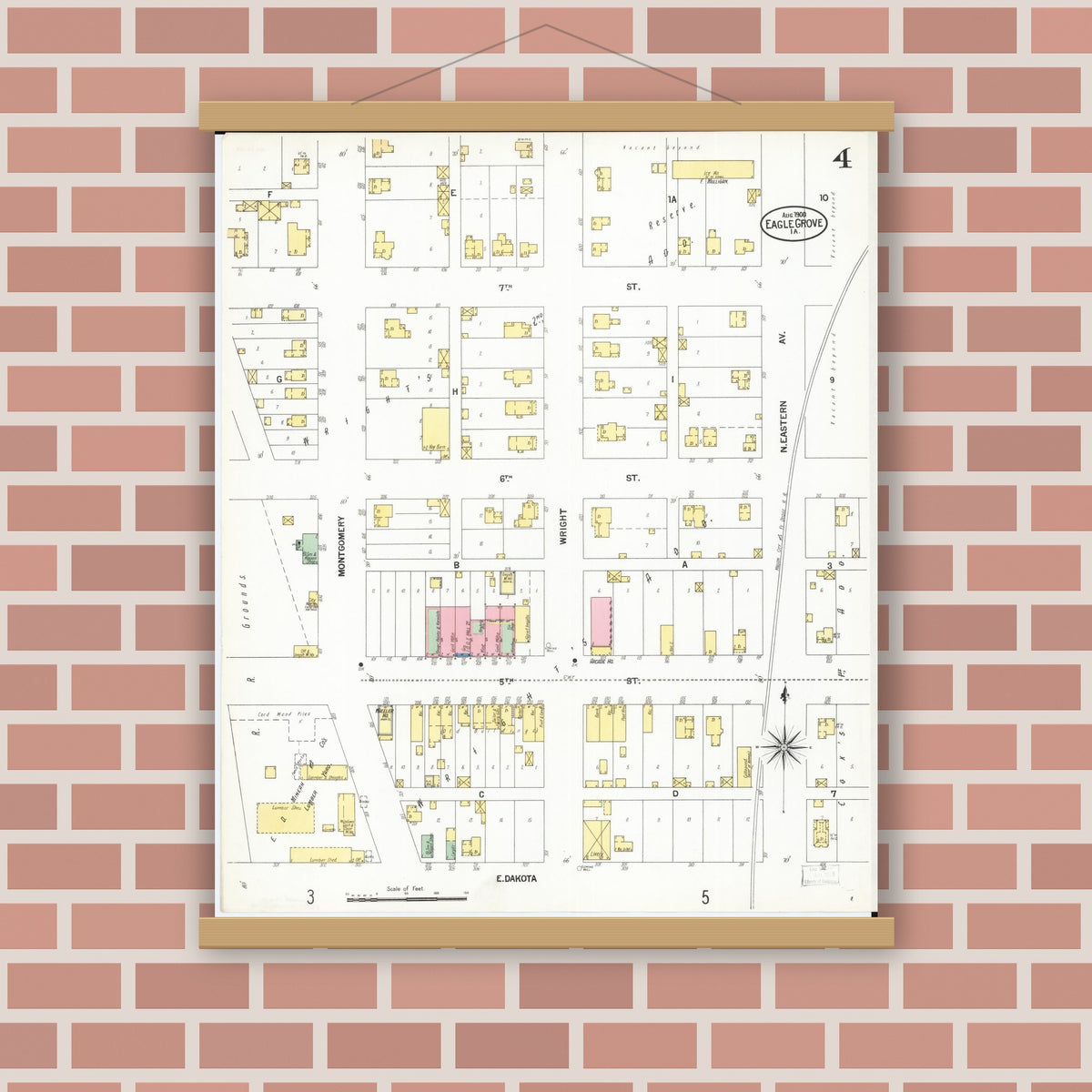 Old map wall art mockup — magnetic wood frame on brick wall — Sanborn Fire Insurance Map from Eagle Grove, Wright County, Iowa (1900), Sheet #0004