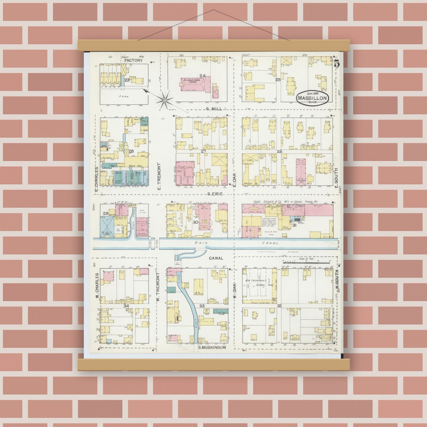 Old map wall art mockup — magnetic wood frame on brick wall — Sanborn Fire Insurance Map from Massillon, Stark County, Ohio (1892), Sheet #0005