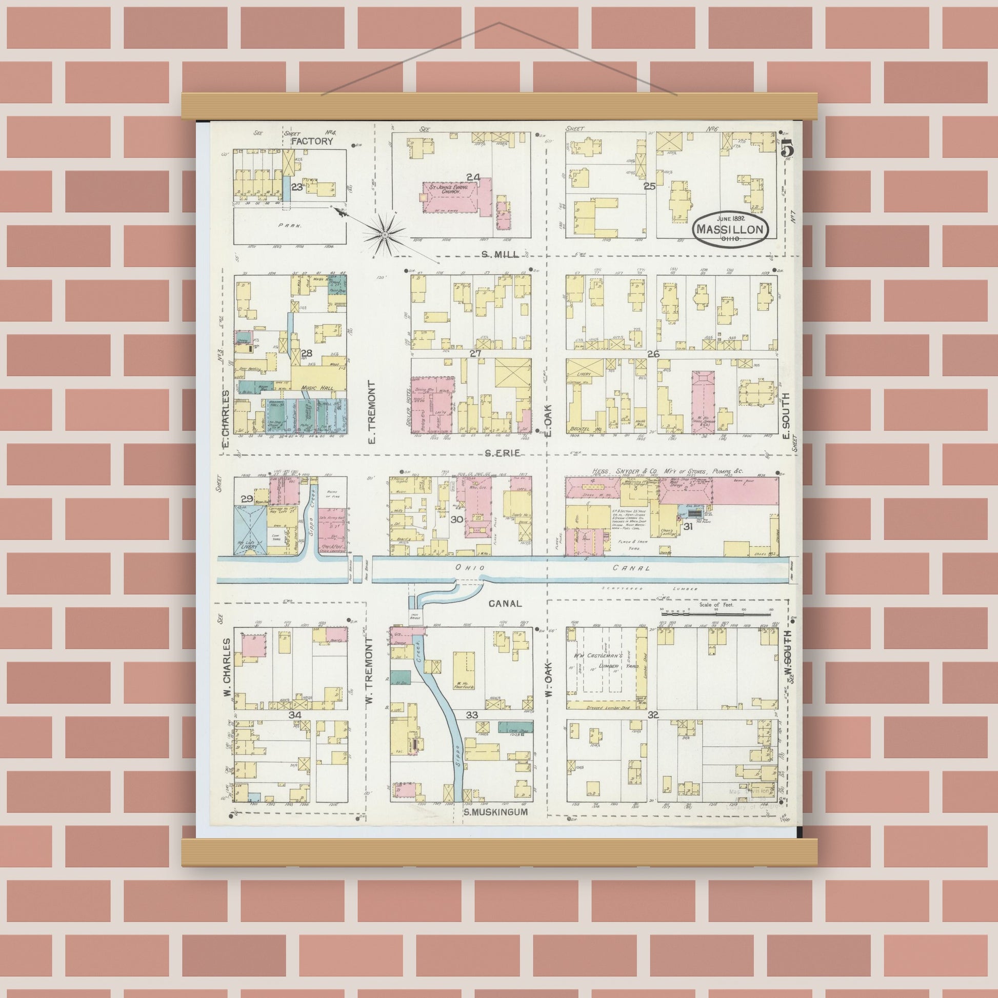Old map wall art mockup — magnetic wood frame on brick wall — Sanborn Fire Insurance Map from Massillon, Stark County, Ohio (1892), Sheet #0005
