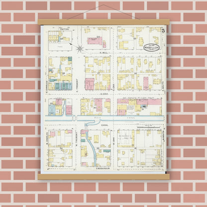 Old map wall art mockup — magnetic wood frame on brick wall — Sanborn Fire Insurance Map from Massillon, Stark County, Ohio (1892), Sheet #0005