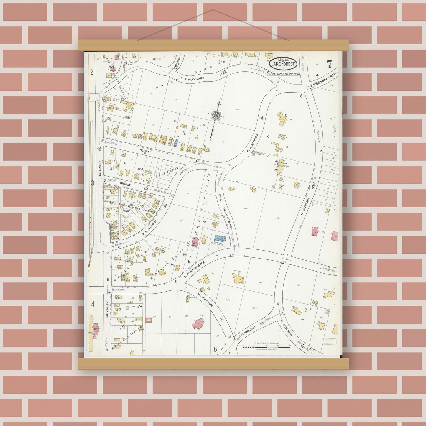 Old map wall art mockup — magnetic wood frame on brick wall — Sanborn Fire Insurance Map from Lake Forest, Lake County, Illinois (1917), Sheet #0007
