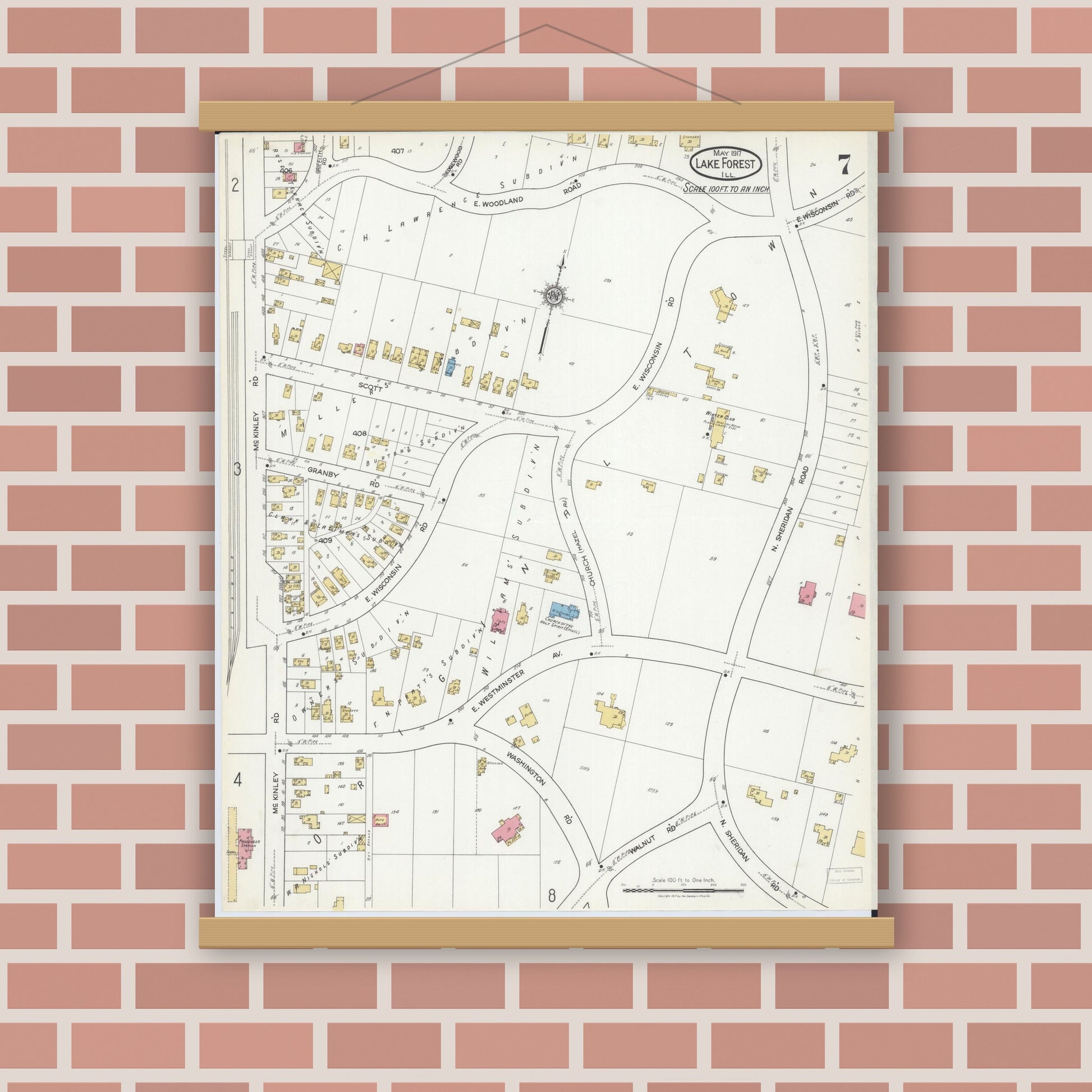 Old map wall art mockup — magnetic wood frame on brick wall — Sanborn Fire Insurance Map from Lake Forest, Lake County, Illinois (1917), Sheet #0007
