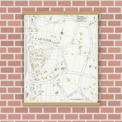 Old map wall art mockup — magnetic wood frame on brick wall — Sanborn Fire Insurance Map from Lake Forest, Lake County, Illinois (1917), Sheet #0007