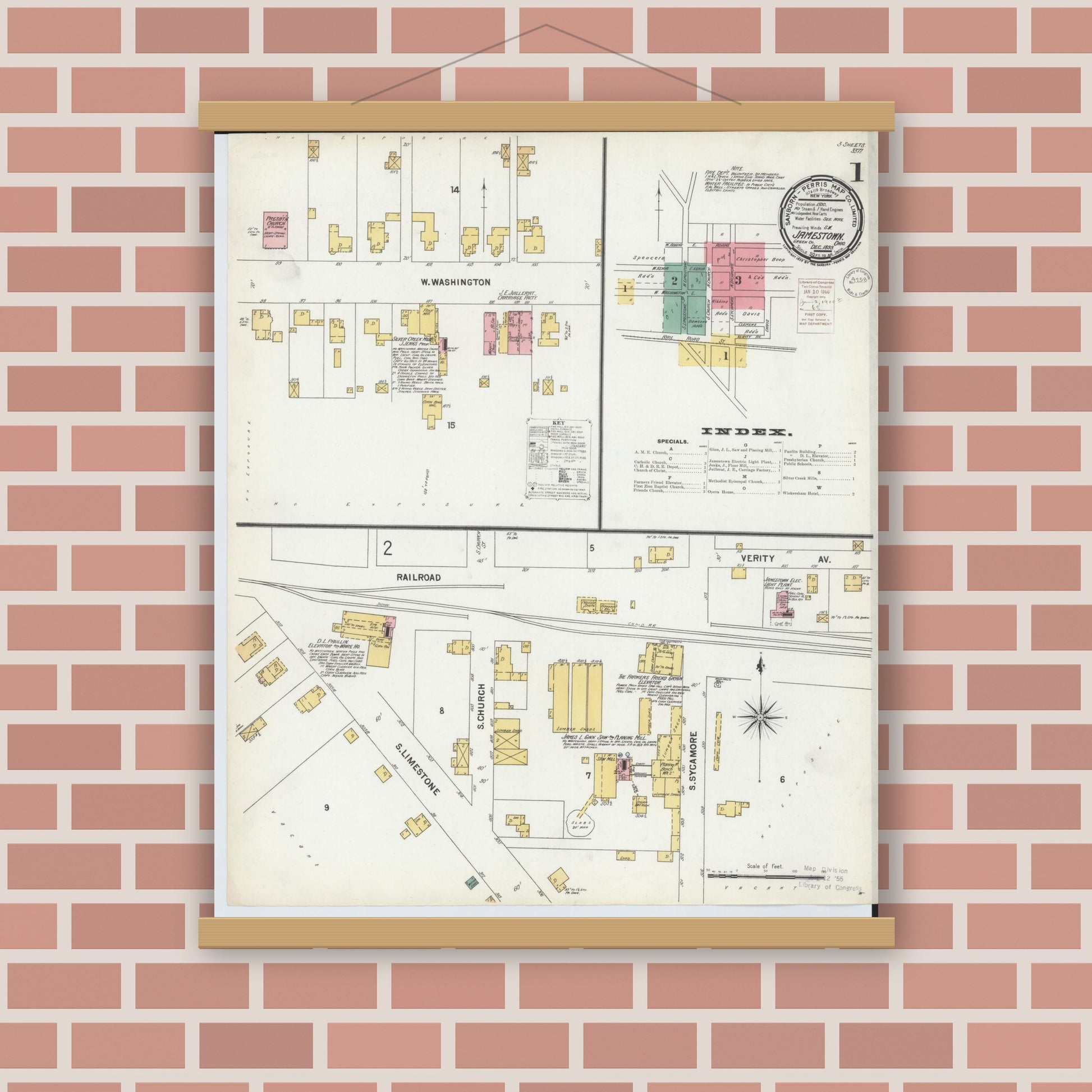 Old map wall art mockup — magnetic wood frame on brick wall — Sanborn Fire Insurance Map from Jamestown, Greene County, Ohio (1899), Sheet #0001