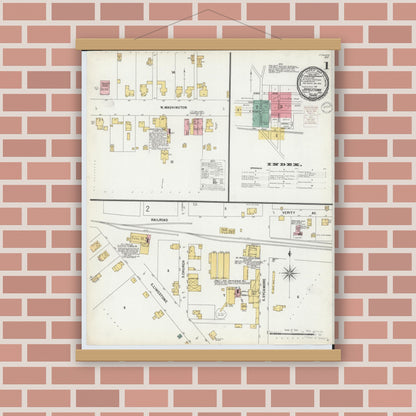 Old map wall art mockup — magnetic wood frame on brick wall — Sanborn Fire Insurance Map from Jamestown, Greene County, Ohio (1899), Sheet #0001