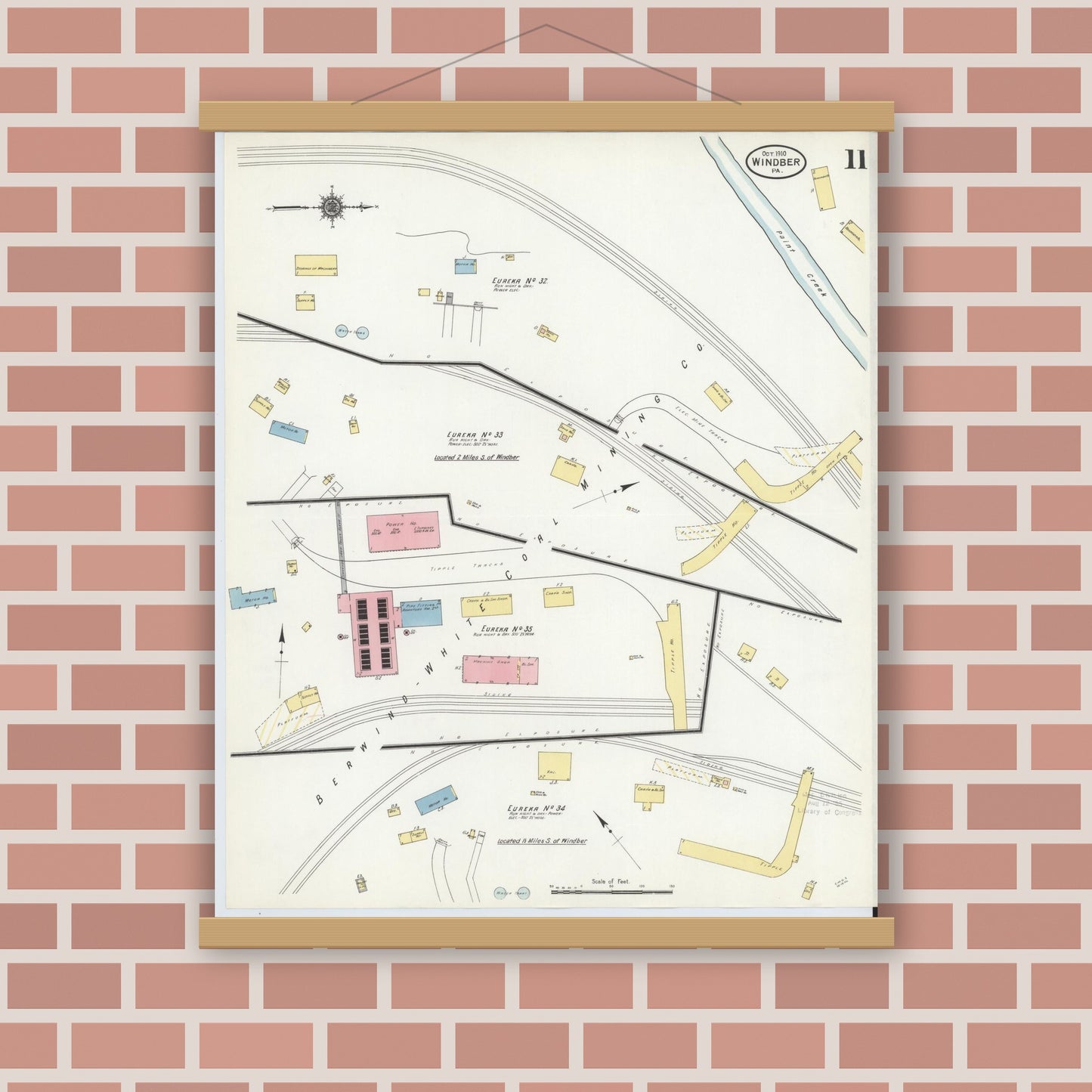Old map wall art mockup — magnetic wood frame on brick wall — Sanborn Fire Insurance Map from Windber, Somerset County, Pennsylvania (1910), Sheet #0011