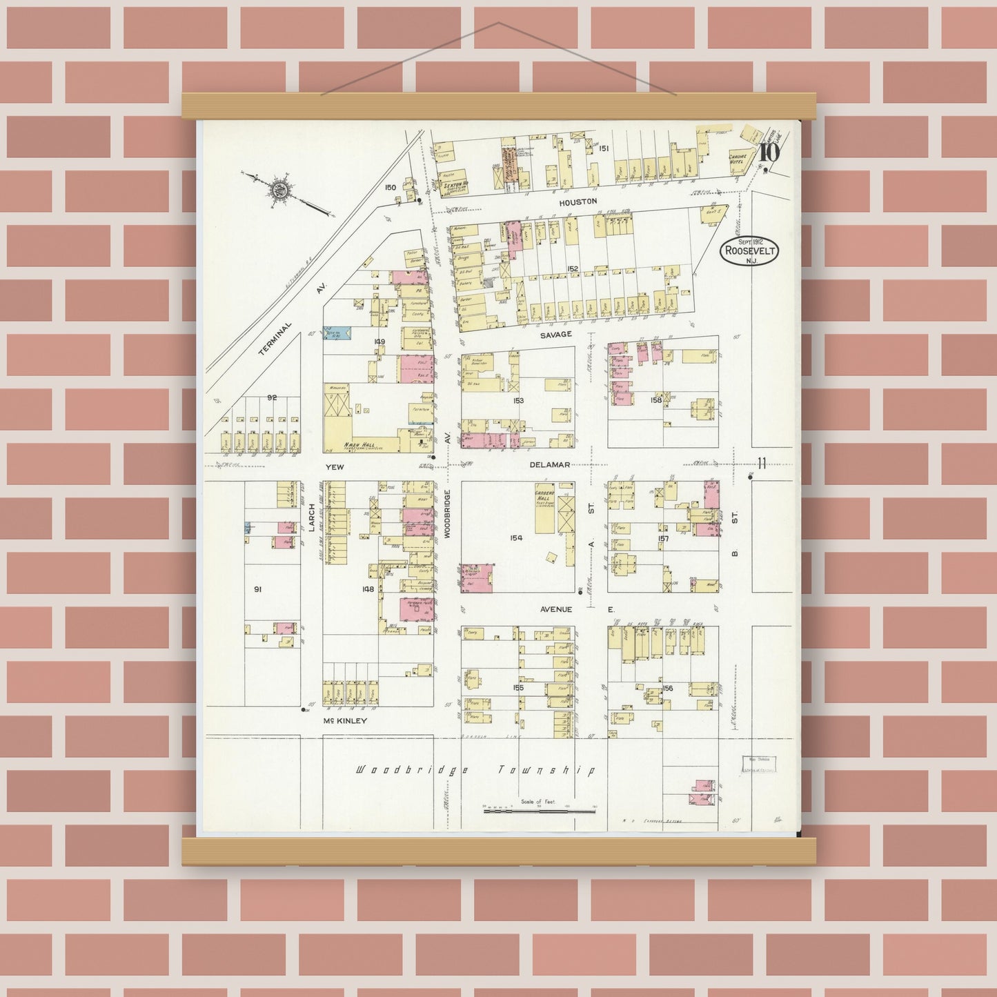 Old map wall art mockup — magnetic wood frame on brick wall — Sanborn Fire Insurance Map from Roosevelt, Middlesex County, New Jersey (1912), Sheet #0010