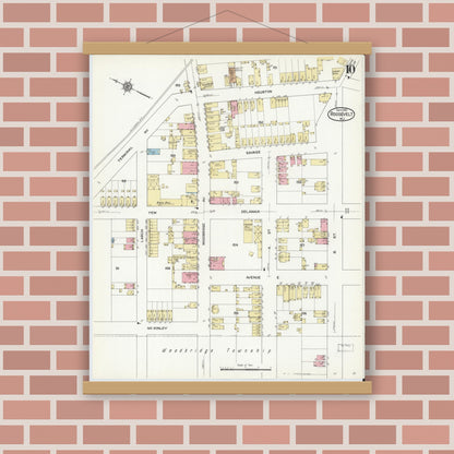 Old map wall art mockup — magnetic wood frame on brick wall — Sanborn Fire Insurance Map from Roosevelt, Middlesex County, New Jersey (1912), Sheet #0010