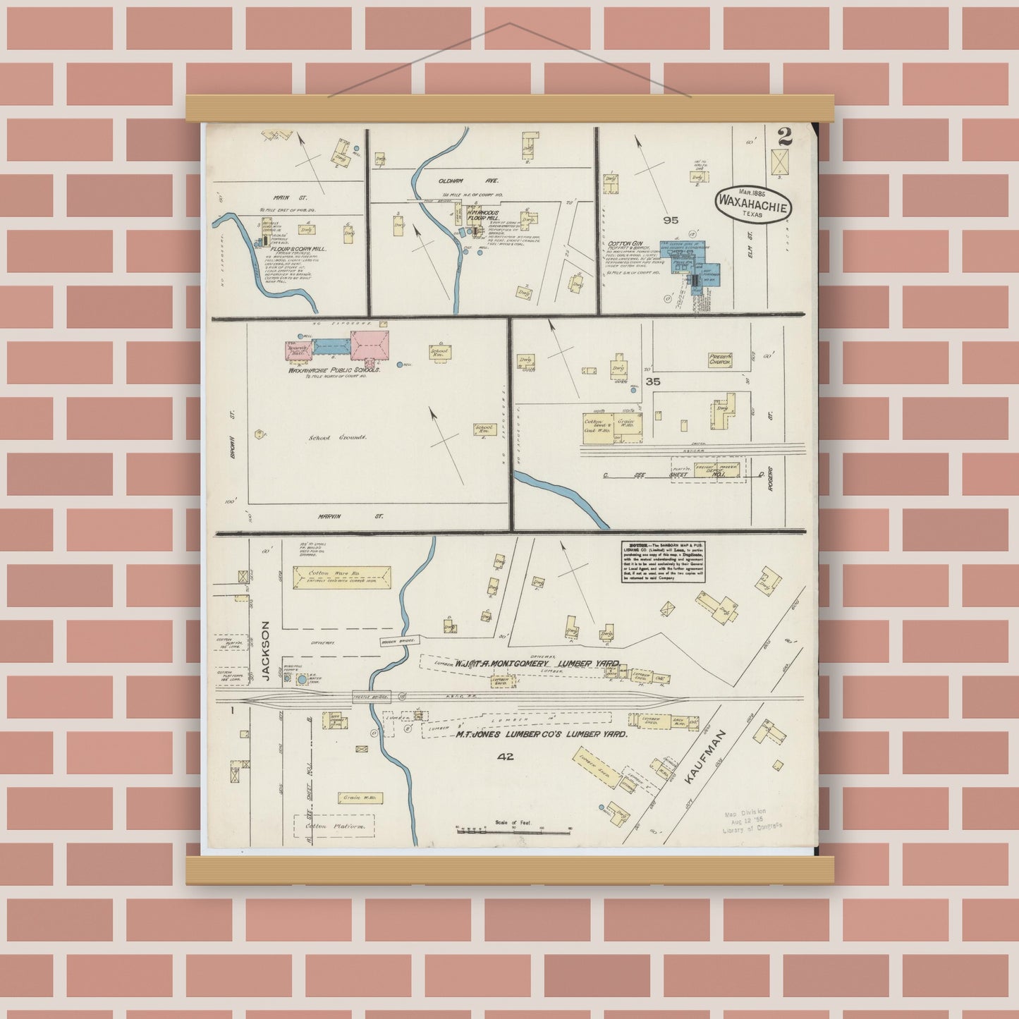 Old map wall art mockup — magnetic wood frame on brick wall — Sanborn Fire Insurance Map from Waxahachie, Ellis County, Texas (1885), Sheet #0002