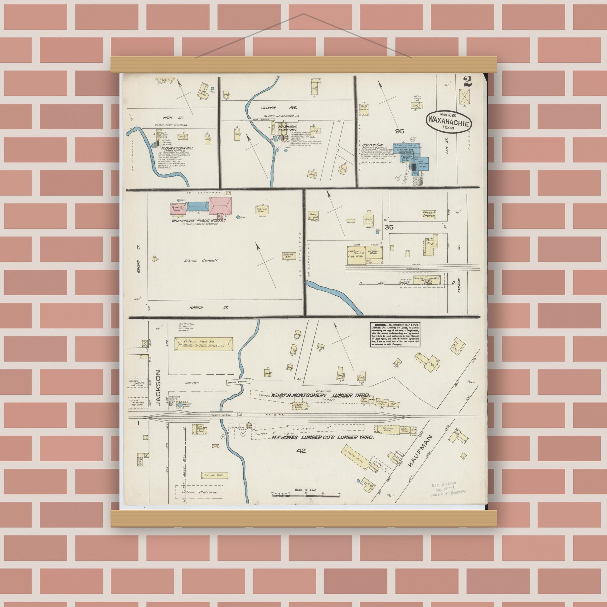 Old map wall art mockup — magnetic wood frame on brick wall — Sanborn Fire Insurance Map from Waxahachie, Ellis County, Texas (1885), Sheet #0002