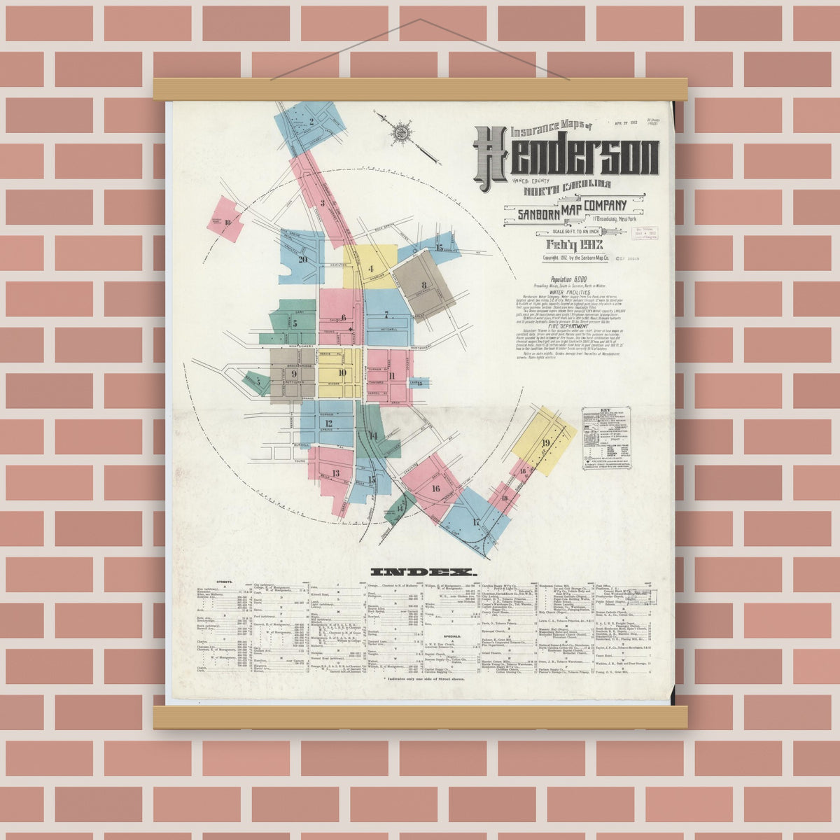 Old map wall art mockup — magnetic wood frame on brick wall — Sanborn Fire Insurance Map from Henderson, Vance County, North Carolina (1912), Sheet #0001