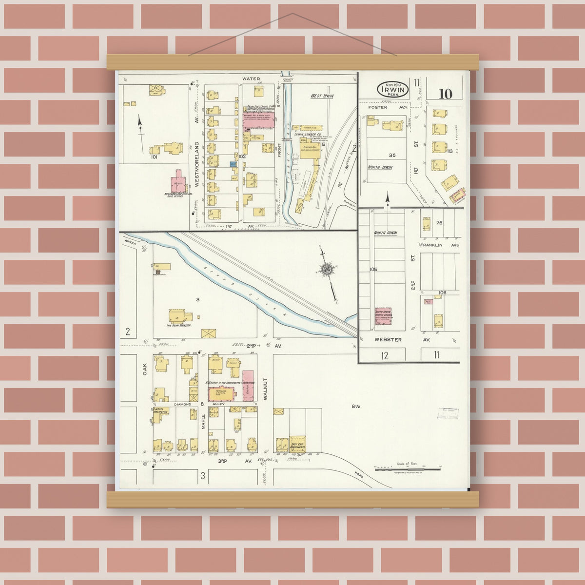 Old map wall art mockup — magnetic wood frame on brick wall — Sanborn Fire Insurance Map from Irwin, Westmoreland County, Pennsylvania (1919), Sheet #0010