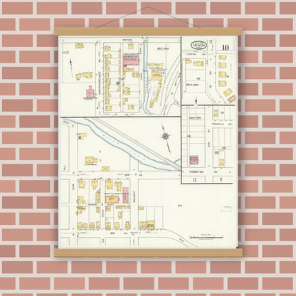Old map wall art mockup — magnetic wood frame on brick wall — Sanborn Fire Insurance Map from Irwin, Westmoreland County, Pennsylvania (1919), Sheet #0010
