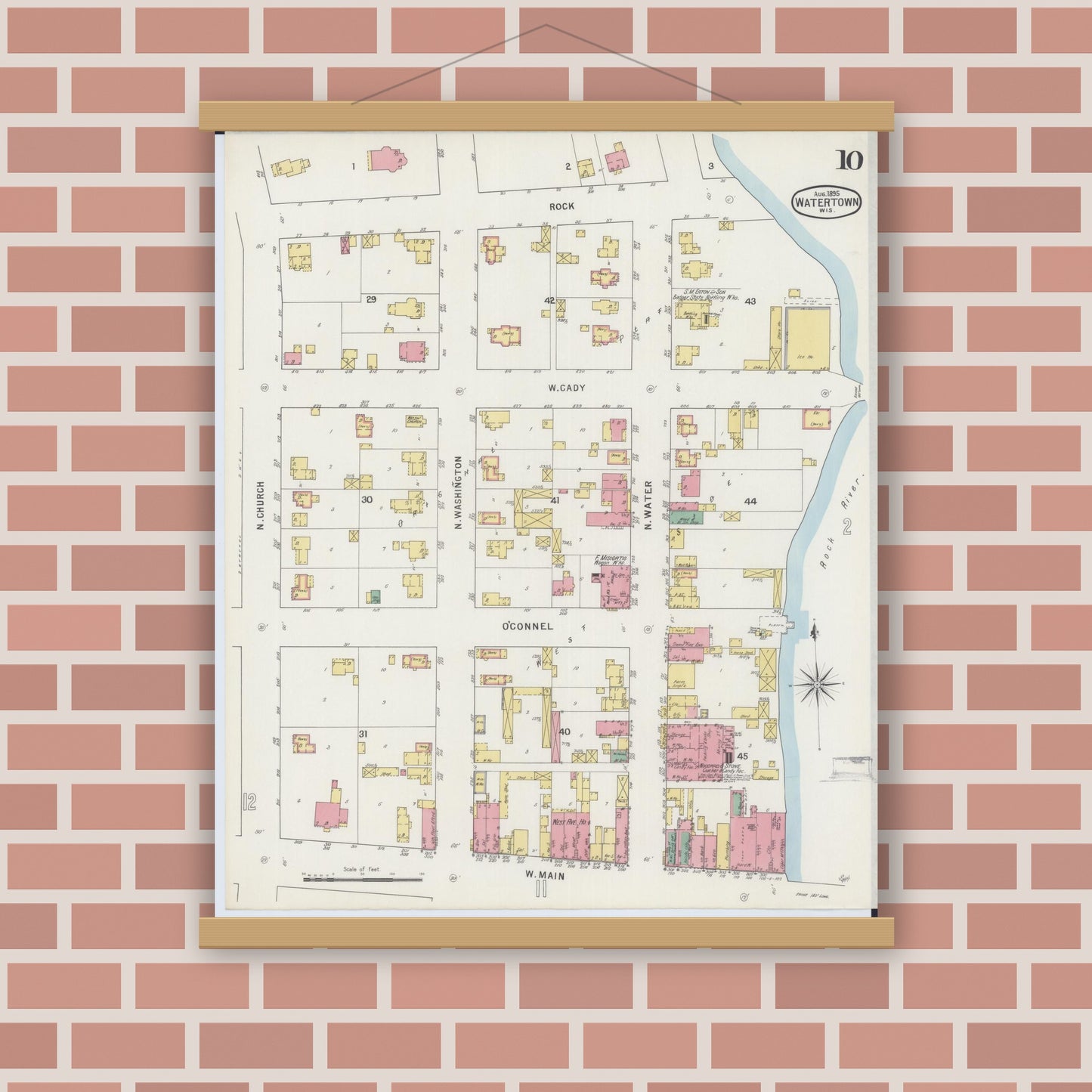 Old map wall art mockup — magnetic wood frame on brick wall — Sanborn Fire Insurance Map from Watertown, Jefferson County, Wisconsin (1895), Sheet #0010