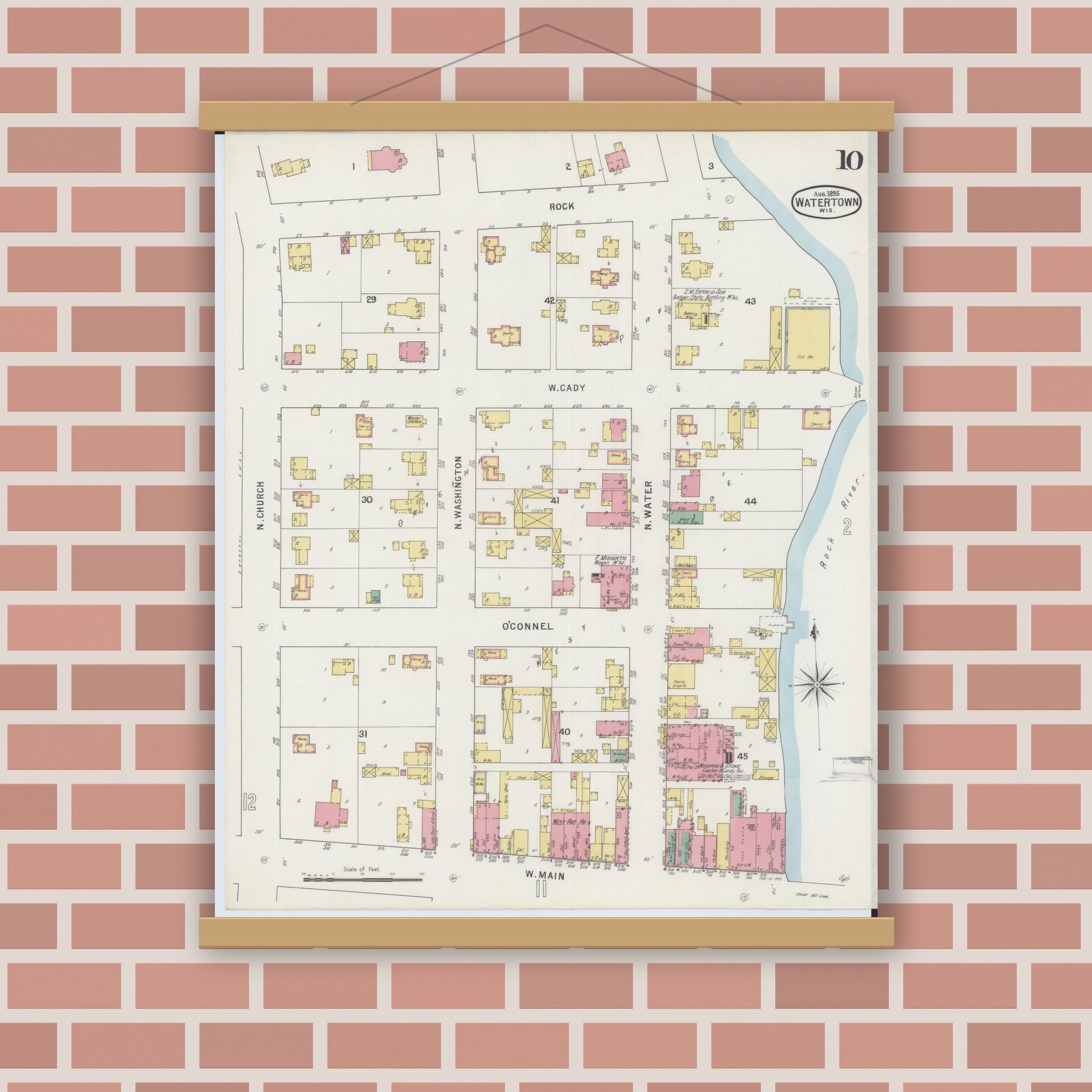 Old map wall art mockup — magnetic wood frame on brick wall — Sanborn Fire Insurance Map from Watertown, Jefferson County, Wisconsin (1895), Sheet #0010