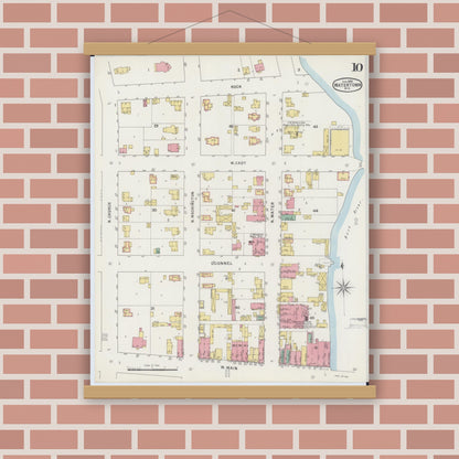 Old map wall art mockup — magnetic wood frame on brick wall — Sanborn Fire Insurance Map from Watertown, Jefferson County, Wisconsin (1895), Sheet #0010