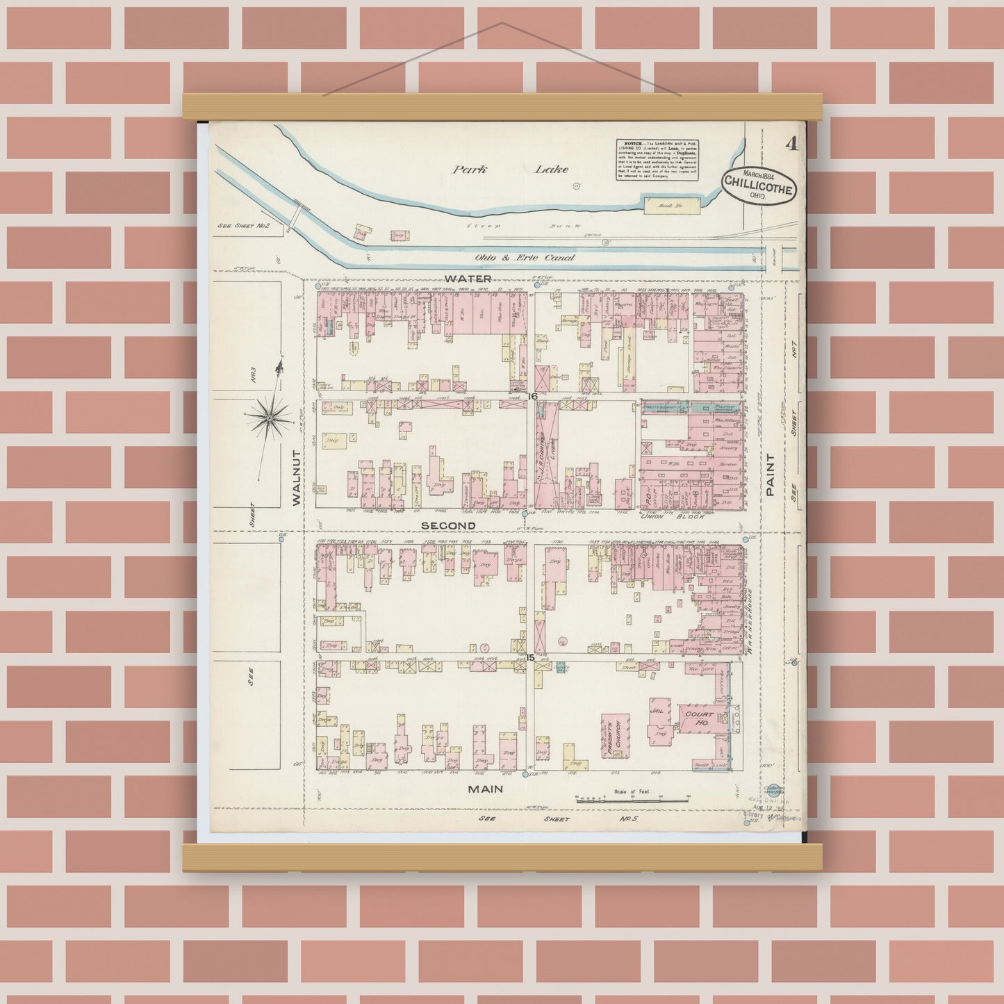 Old map wall art mockup — magnetic wood frame on brick wall — Sanborn Fire Insurance Map from Chillicothe, Ross County, Ohio (1884), Sheet #0004