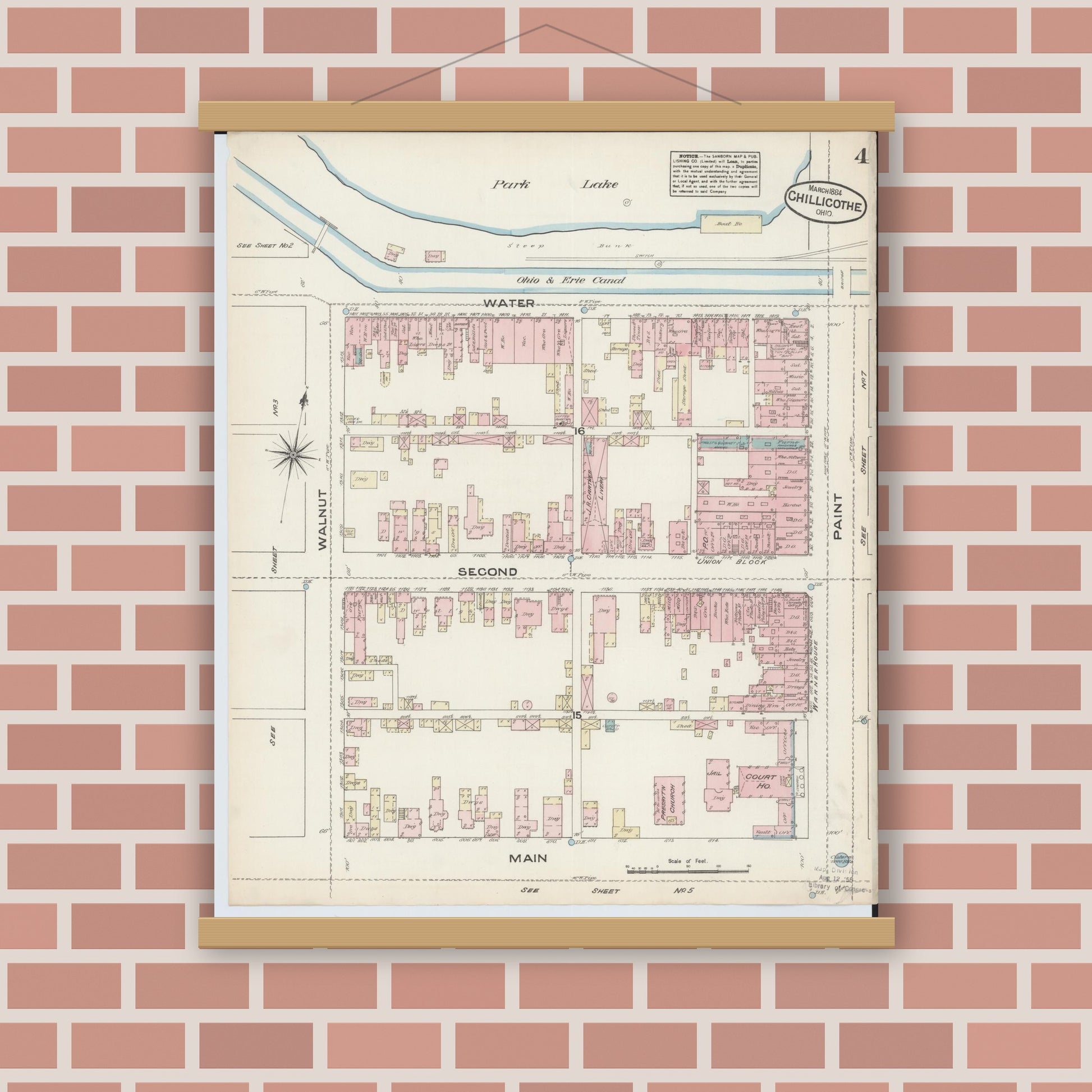 Old map wall art mockup — magnetic wood frame on brick wall — Sanborn Fire Insurance Map from Chillicothe, Ross County, Ohio (1884), Sheet #0004