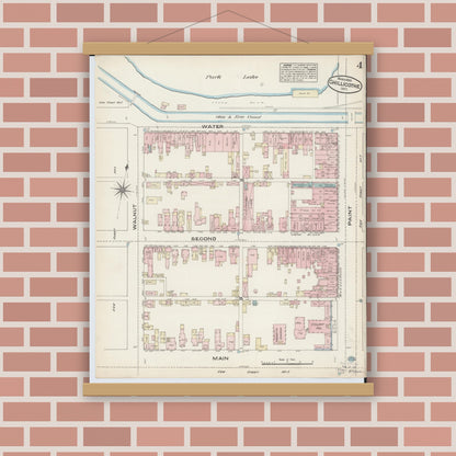 Old map wall art mockup — magnetic wood frame on brick wall — Sanborn Fire Insurance Map from Chillicothe, Ross County, Ohio (1884), Sheet #0004