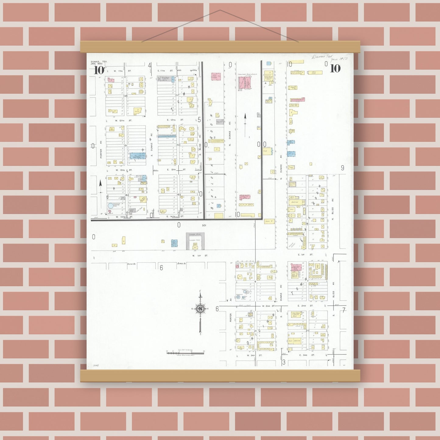 Old map wall art mockup — magnetic wood frame on brick wall — Sanborn Fire Insurance Map from Dumas, Moore County, Texas (1950), Sheet #0010