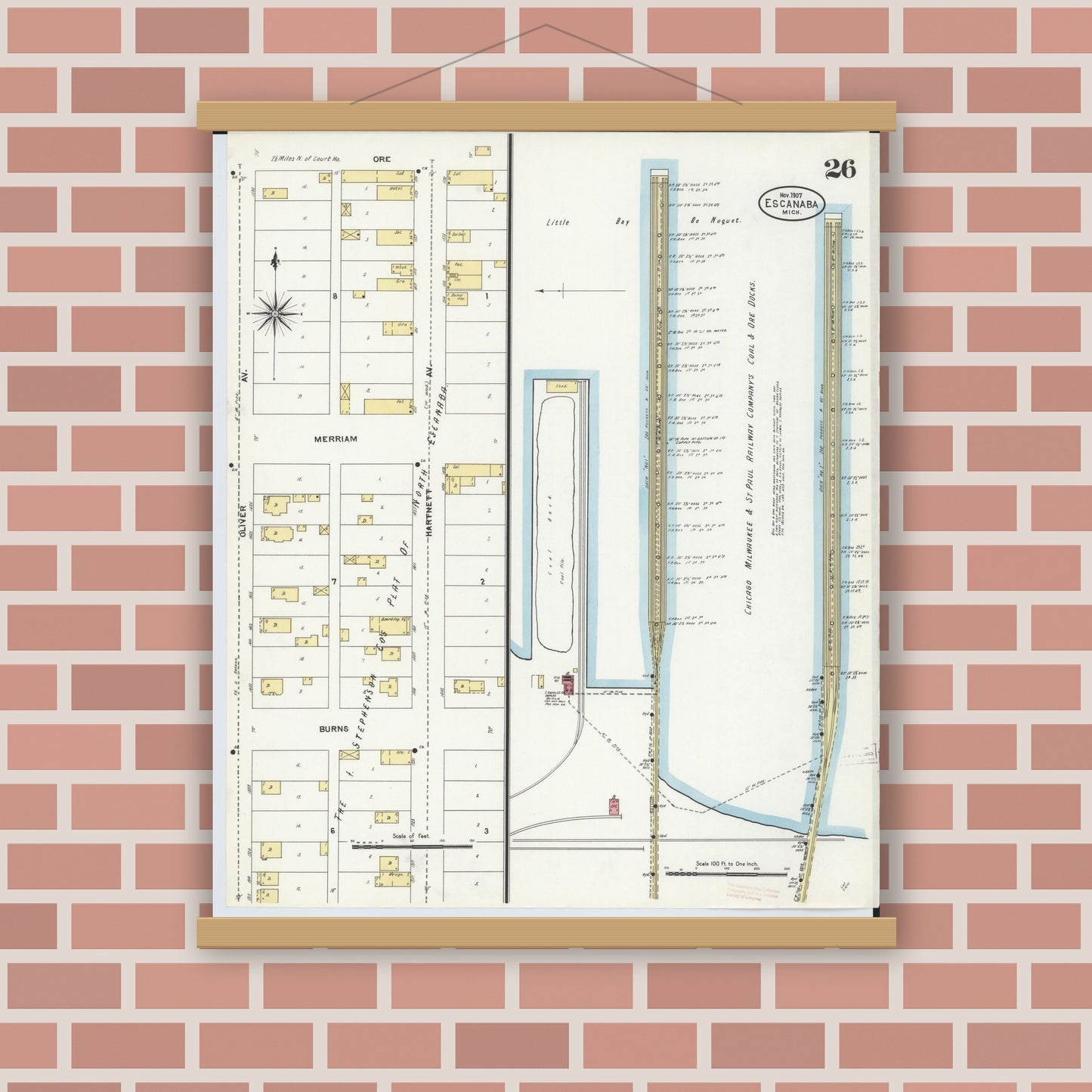 Old map wall art mockup — magnetic wood frame on brick wall — Sanborn Fire Insurance Map from Escanaba, Delta County, Michigan (1906), Sheet #0026