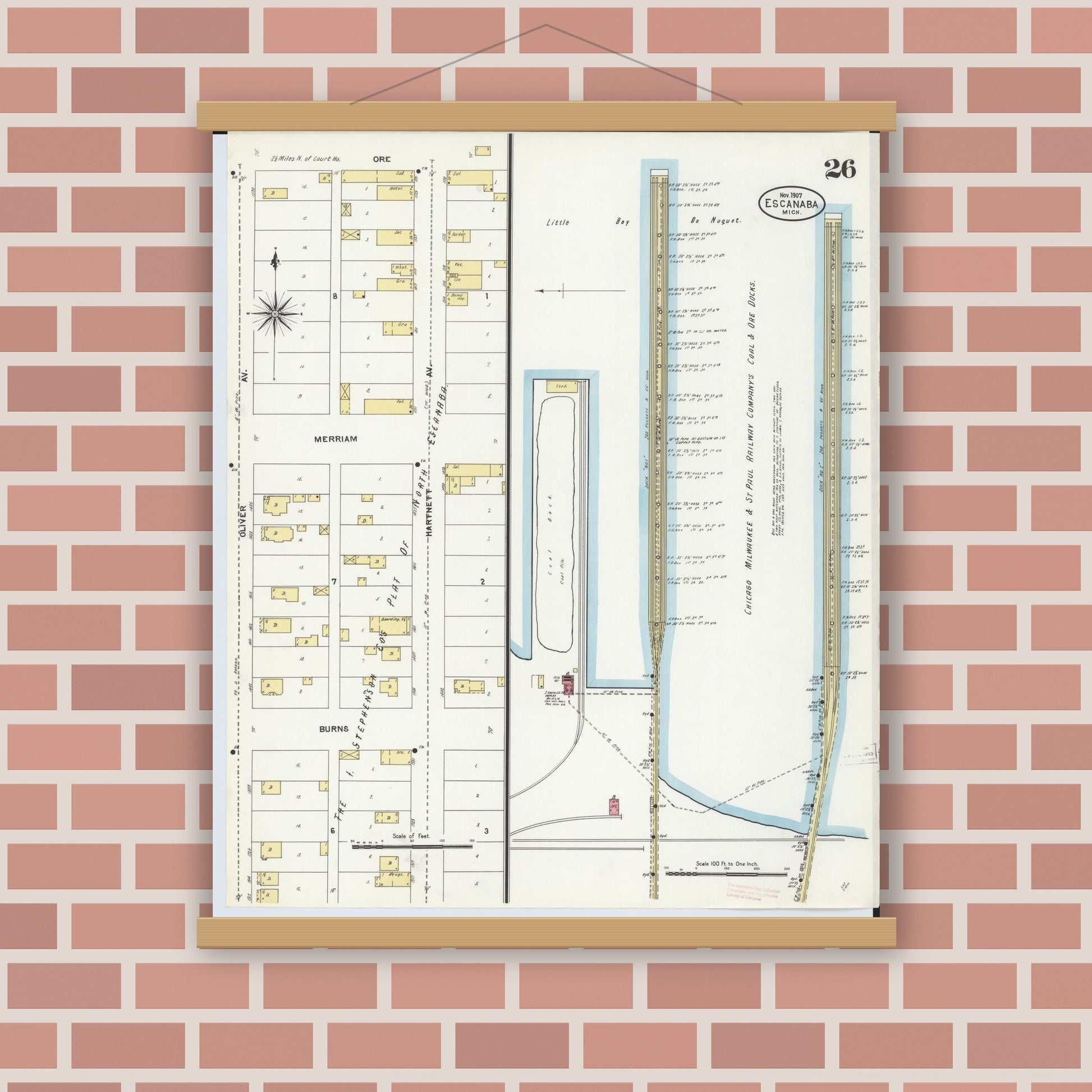 Old map wall art mockup — magnetic wood frame on brick wall — Sanborn Fire Insurance Map from Escanaba, Delta County, Michigan (1906), Sheet #0026