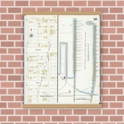 Old map wall art mockup — magnetic wood frame on brick wall — Sanborn Fire Insurance Map from Escanaba, Delta County, Michigan (1906), Sheet #0026