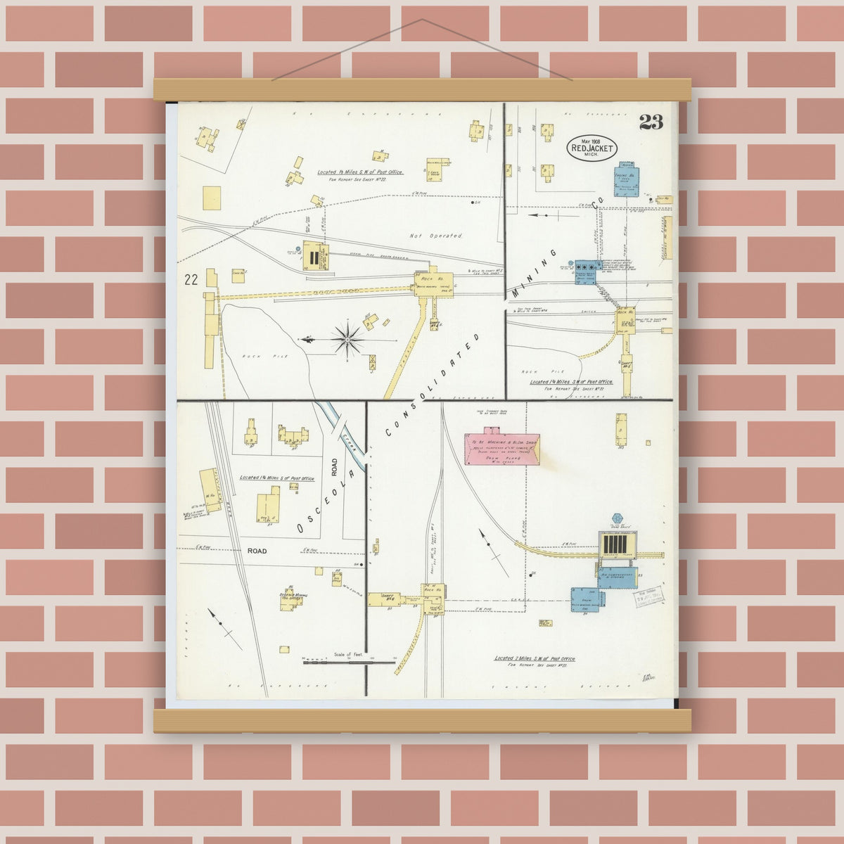 Old map wall art mockup — magnetic wood frame on brick wall — Sanborn Fire Insurance Map from Red Jacket, Houghton County, Michigan (1908), Sheet #0023