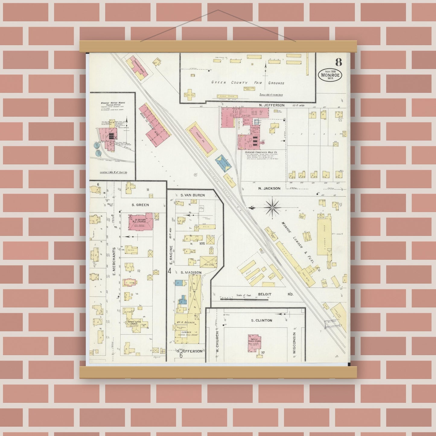 Old map wall art mockup — magnetic wood frame on brick wall — Sanborn Fire Insurance Map from Monroe, Green County, Wisconsin (1908), Sheet #0008