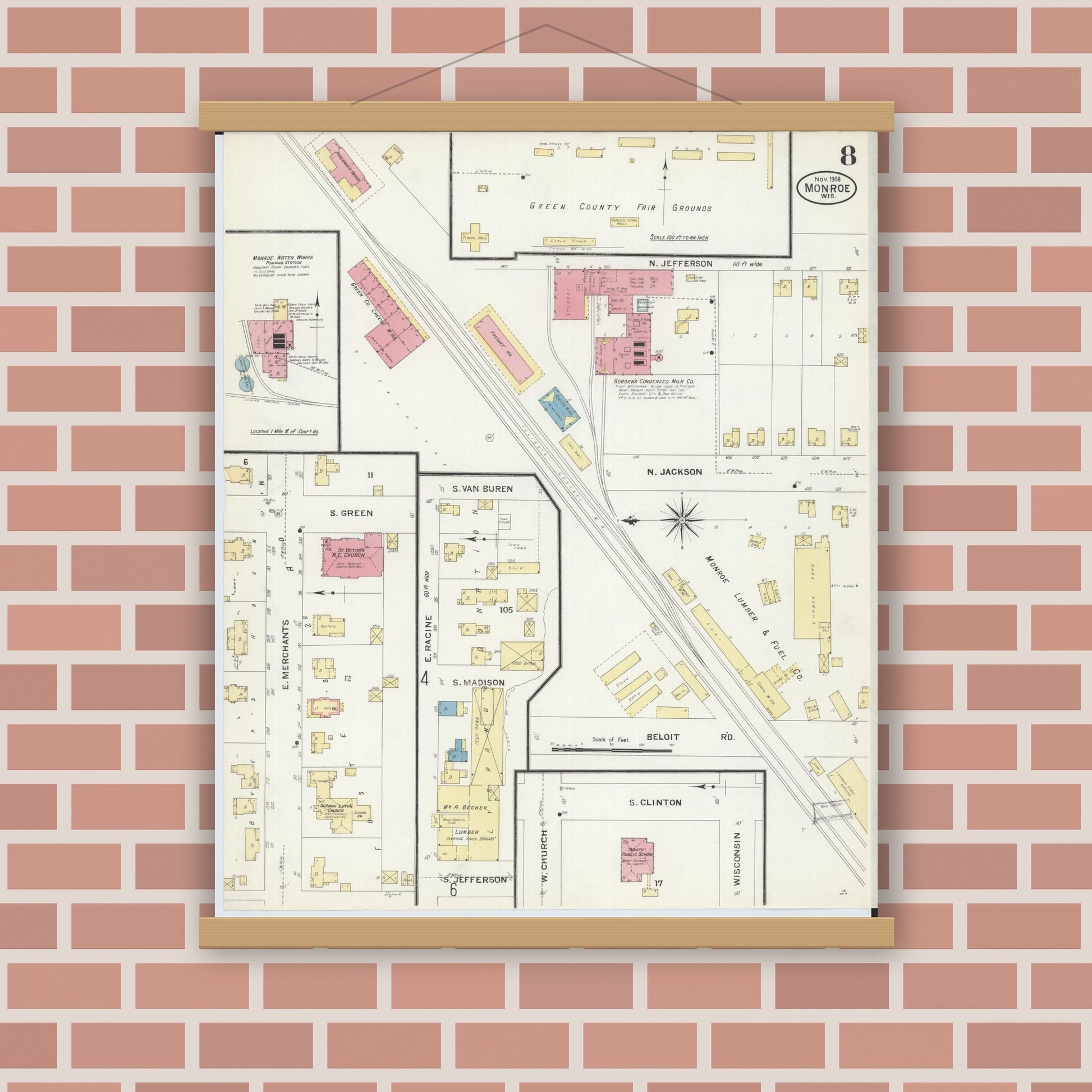 Old map wall art mockup — magnetic wood frame on brick wall — Sanborn Fire Insurance Map from Monroe, Green County, Wisconsin (1908), Sheet #0008