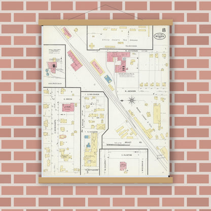 Old map wall art mockup — magnetic wood frame on brick wall — Sanborn Fire Insurance Map from Monroe, Green County, Wisconsin (1908), Sheet #0008