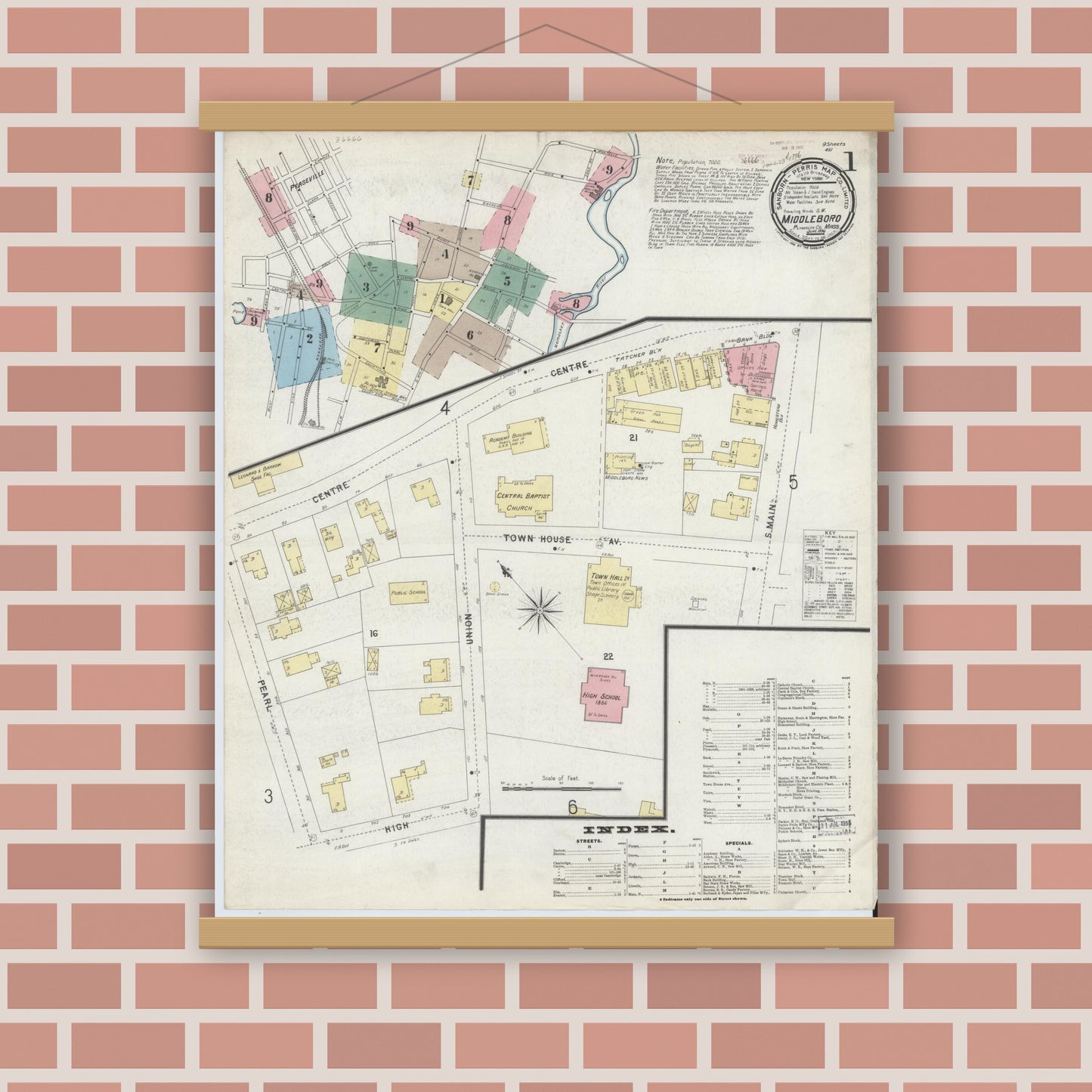 Old map wall art mockup — magnetic wood frame on brick wall — Sanborn Fire Insurance Map from Middleboro, Plymouth County, Massachusetts (1896) - Complete Map Set