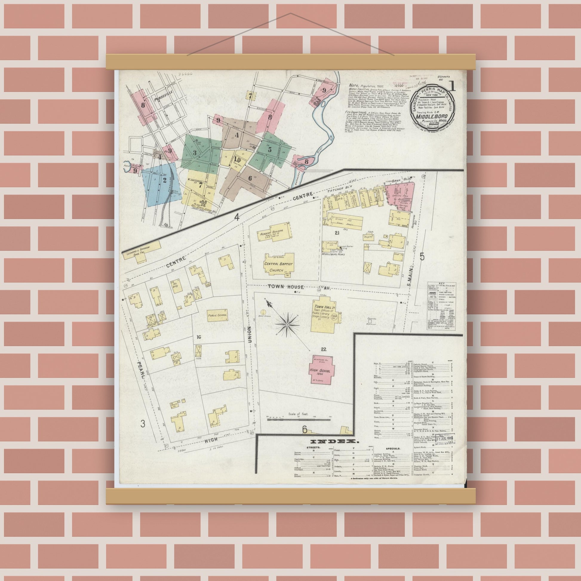 Old map wall art mockup — magnetic wood frame on brick wall — Sanborn Fire Insurance Map from Middleboro, Plymouth County, Massachusetts (1896) - Complete Map Set