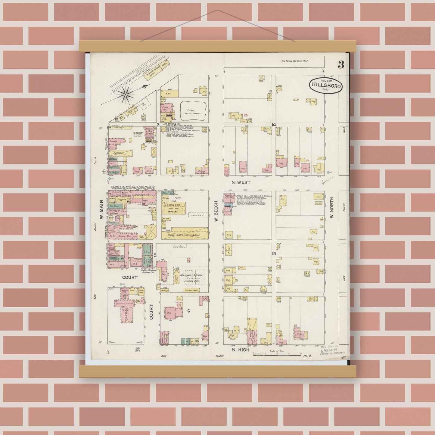 Old map wall art mockup — magnetic wood frame on brick wall — Sanborn Fire Insurance Map from Hillsboro, Highland County, Ohio (1887), Sheet #0003