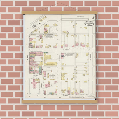 Old map wall art mockup — magnetic wood frame on brick wall — Sanborn Fire Insurance Map from Hillsboro, Highland County, Ohio (1887), Sheet #0003