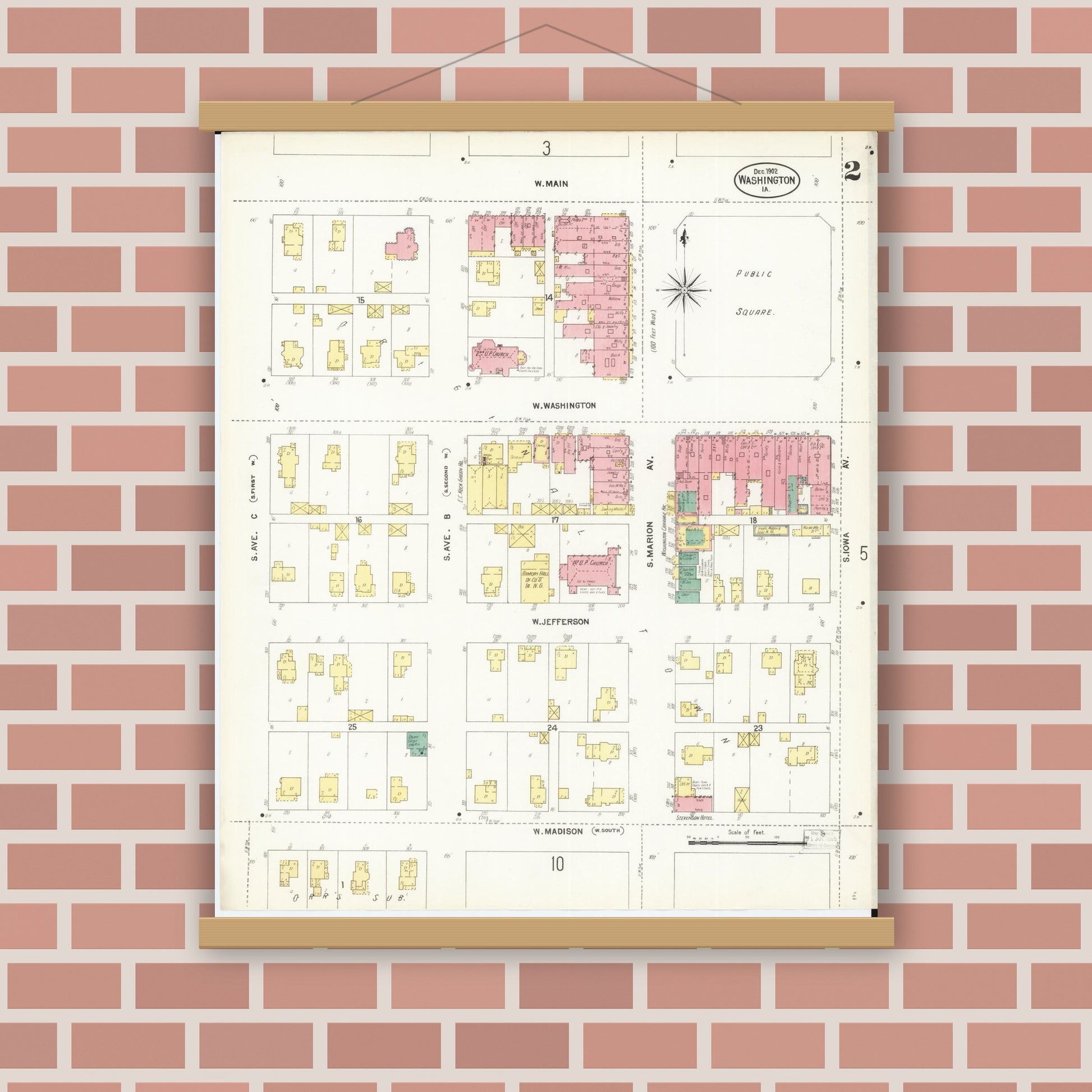 Old map wall art mockup — magnetic wood frame on brick wall — Sanborn Fire Insurance Map from Washington, Washington County, Iowa (1902), Sheet #0002