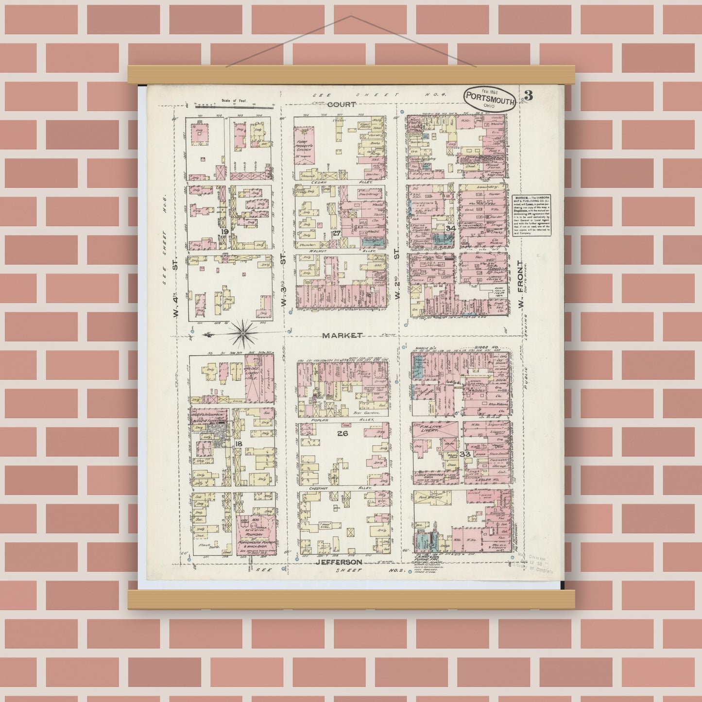 Old map wall art mockup — magnetic wood frame on brick wall — Sanborn Fire Insurance Map from Portsmouth, Scioto County, Ohio (1884), Sheet #0003