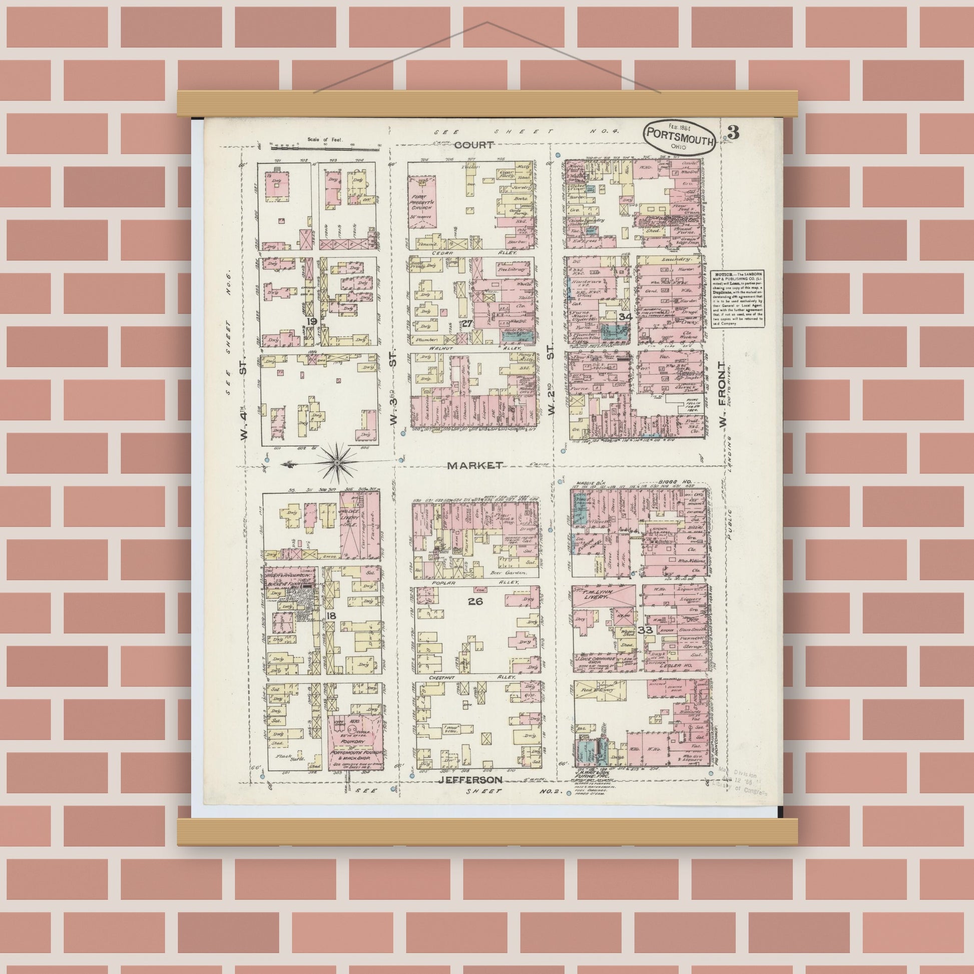 Old map wall art mockup — magnetic wood frame on brick wall — Sanborn Fire Insurance Map from Portsmouth, Scioto County, Ohio (1884), Sheet #0003