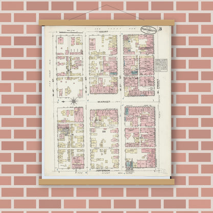 Old map wall art mockup — magnetic wood frame on brick wall — Sanborn Fire Insurance Map from Portsmouth, Scioto County, Ohio (1884), Sheet #0003