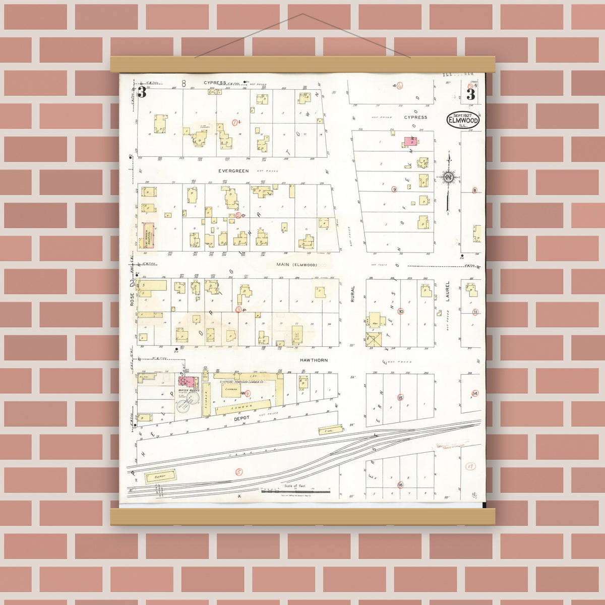 Old map wall art mockup — magnetic wood frame on brick wall — Sanborn Fire Insurance Map from Elmwood, Peoria County, Illinois (1944), Sheet #0003